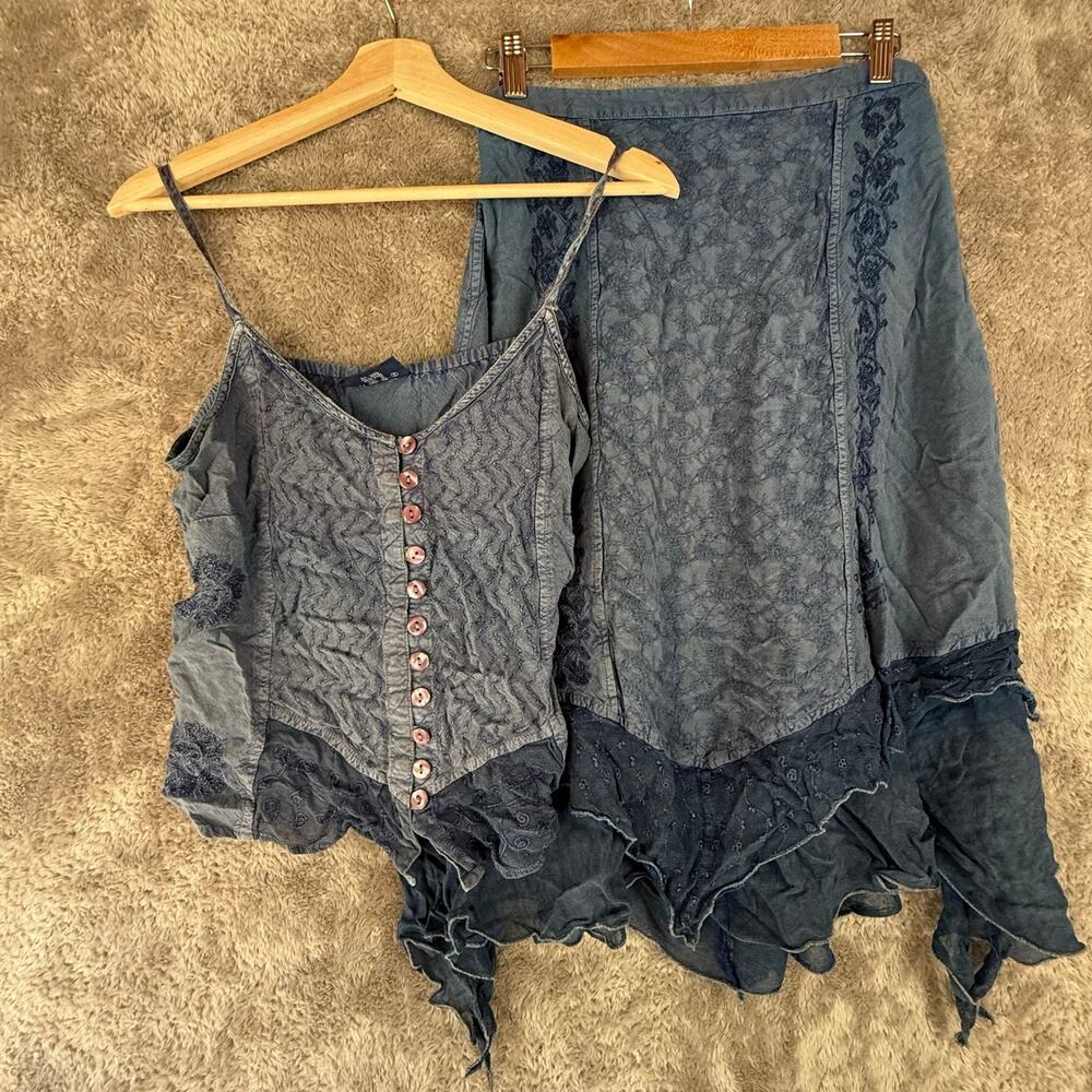Fabulous Faded Blue Boho Punk Goth Outfit Skirt Tank Set Free Size Embroider